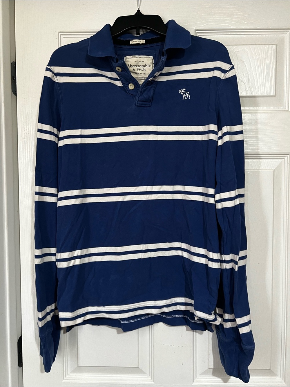 Abercrombie & Fitch Blue and White Striped Long-Sleeve Rugby Polo
